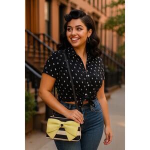 Betsey Johnson Black and White Striped Crossbody Purse with Yellow Bow